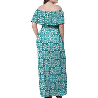 Cyan Palaka Quilt Hawaii Family Matching Off Shoulder Maxi Dress and Hawaiian Shirt Hawaiian Tropical Monstera Sea Turtle