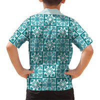 Cyan Palaka Quilt Hawaii Family Matching Off Shoulder Short Dress and Hawaiian Shirt Hawaiian Tropical Monstera Sea Turtle