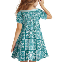 Cyan Palaka Quilt Hawaii Family Matching Off Shoulder Short Dress and Hawaiian Shirt Hawaiian Tropical Monstera Sea Turtle