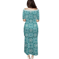 Cyan Palaka Quilt Hawaii Family Matching Puletasi and Hawaiian Shirt Hawaiian Tropical Monstera Sea Turtle