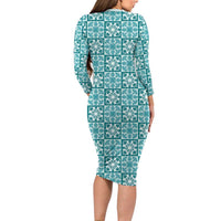 Cyan Palaka Quilt Hawaii Long Sleeve Bodycon Dress Hawaiian Tropical Monstera Sea Turtle