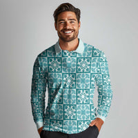 Cyan Palaka Quilt Hawaii Long Sleeve Polo Shirt Hawaiian Tropical Monstera Sea Turtle