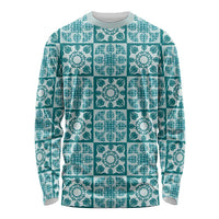 Cyan Palaka Quilt Hawaii Long Sleeve Shirt Hawaiian Tropical Monstera Sea Turtle
