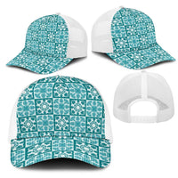 Cyan Palaka Quilt Hawaii Mesh Trucker Cap Hawaiian Tropical Monstera Sea Turtle