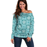 Cyan Palaka Quilt Hawaii Off Shoulder Sweater Hawaiian Tropical Monstera Sea Turtle