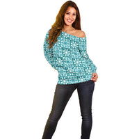 Cyan Palaka Quilt Hawaii Off Shoulder Sweater Hawaiian Tropical Monstera Sea Turtle