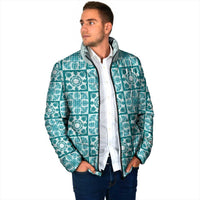 Cyan Palaka Quilt Hawaii Padded Jacket Hawaiian Tropical Monstera Sea Turtle