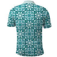 Cyan Palaka Quilt Hawaii Polo Shirt Hawaiian Tropical Monstera Sea Turtle