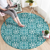 Cyan Palaka Quilt Hawaii Round Carpet Hawaiian Tropical Monstera Sea Turtle