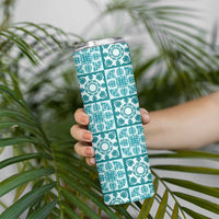 Cyan Palaka Quilt Hawaii Skinny Tumbler Hawaiian Tropical Monstera Sea Turtle