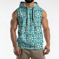 Cyan Palaka Quilt Hawaii Sleeveless Hoodie Hawaiian Tropical Monstera Sea Turtle