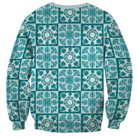 Cyan Palaka Quilt Hawaii Sweatshirt Hawaiian Tropical Monstera Sea Turtle LT14 - Polynesian Pride