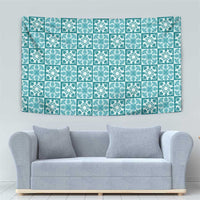 Cyan Palaka Quilt Hawaii Tapestry Hawaiian Tropical Monstera Sea Turtle
