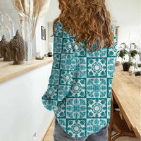 Cyan Palaka Quilt Hawaii Women Casual Shirt Hawaiian Tropical Monstera Sea Turtle