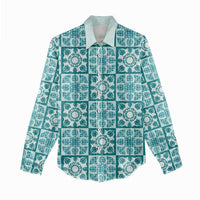 Cyan Palaka Quilt Hawaii Women Casual Shirt Hawaiian Tropical Monstera Sea Turtle