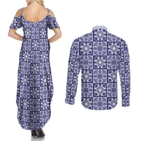 Polu Palaka Quilt Hawaii Couples Matching Summer Maxi Dress and Long Sleeve Button Shirt Hawaiian Tropical Monstera Sea Turtle