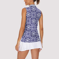 Polu Palaka Quilt Hawaii Women Sleeveless Polo Shirt Hawaiian Tropical Monstera Sea Turtle