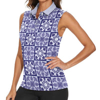 Polu Palaka Quilt Hawaii Women Sleeveless Polo Shirt Hawaiian Tropical Monstera Sea Turtle