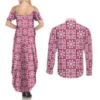 Akala Palaka Quilt Hawaii Couples Matching Summer Maxi Dress and Long Sleeve Button Shirt Hawaiian Tropical Monstera Sea Turtle