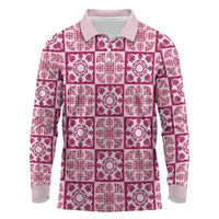 Akala Palaka Quilt Hawaii Long Sleeve Polo Shirt Hawaiian Tropical Monstera Sea Turtle LT14 Pink - Polynesian Pride