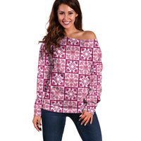 Akala Palaka Quilt Hawaii Off Shoulder Sweater Hawaiian Tropical Monstera Sea Turtle
