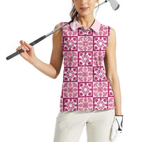 Akala Palaka Quilt Hawaii Women Sleeveless Polo Shirt Hawaiian Tropical Monstera Sea Turtle