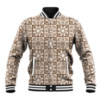 Beige Palaka Quilt Hawaii Baseball Jacket Hawaiian Tropical Monstera Sea Turtle