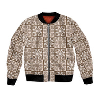 Beige Palaka Quilt Hawaii Bomber Jacket Hawaiian Tropical Monstera Sea Turtle LT14 Unisex Beige - Polynesian Pride