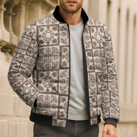 Beige Palaka Quilt Hawaii Bomber Puffer Jacket Hawaiian Tropical Monstera Sea Turtle