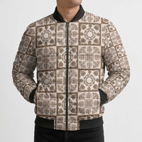 Beige Palaka Quilt Hawaii Bomber Puffer Jacket Hawaiian Tropical Monstera Sea Turtle