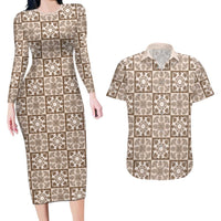 Beige Palaka Quilt Hawaii Couples Matching Long Sleeve Bodycon Dress and Hawaiian Shirt Hawaiian Tropical Monstera Sea Turtle