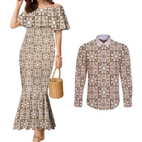 Beige Palaka Quilt Hawaii Couples Matching Mermaid Dress and Long Sleeve Button Shirt Hawaiian Tropical Monstera Sea Turtle