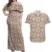 Beige Palaka Quilt Hawaii Couples Matching Off Shoulder Maxi Dress and Hawaiian Shirt Hawaiian Tropical Monstera Sea Turtle