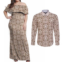 Beige Palaka Quilt Hawaii Couples Matching Off Shoulder Maxi Dress and Long Sleeve Button Shirt Hawaiian Tropical Monstera Sea Turtle