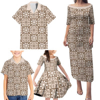 Beige Palaka Quilt Hawaii Family Matching Puletasi and Hawaiian Shirt Hawaiian Tropical Monstera Sea Turtle