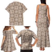 Beige Palaka Quilt Hawaii Family Matching Tank Maxi Dress and Hawaiian Shirt Hawaiian Tropical Monstera Sea Turtle