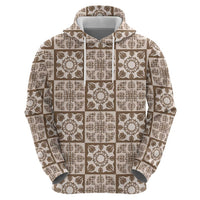 Beige Palaka Quilt Hawaii Hoodie Hawaiian Tropical Monstera Sea Turtle