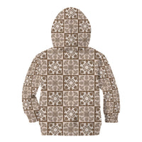 Beige Palaka Quilt Hawaii Kid Hoodie Hawaiian Tropical Monstera Sea Turtle