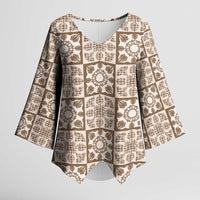 Beige Palaka Quilt Hawaii Kimono Sleeve Blouse Hawaiian Tropical Monstera Sea Turtle