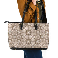 Beige Palaka Quilt Hawaii Leather Tote Bag Hawaiian Tropical Monstera Sea Turtle
