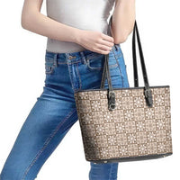 Beige Palaka Quilt Hawaii Leather Tote Bag Hawaiian Tropical Monstera Sea Turtle