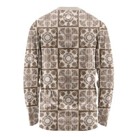 Beige Palaka Quilt Hawaii Long Sleeve Shirt Hawaiian Tropical Monstera Sea Turtle