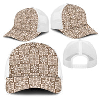 Beige Palaka Quilt Hawaii Mesh Trucker Cap Hawaiian Tropical Monstera Sea Turtle