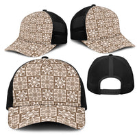 Beige Palaka Quilt Hawaii Mesh Trucker Cap Hawaiian Tropical Monstera Sea Turtle