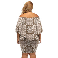 Beige Palaka Quilt Hawaii Off Shoulder Short Dress Hawaiian Tropical Monstera Sea Turtle LT14 - Polynesian Pride