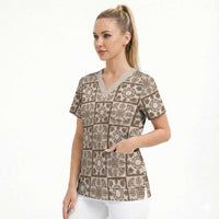 Beige Palaka Quilt Hawaii Scrub Top Hawaiian Tropical Monstera Sea Turtle