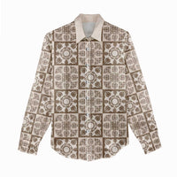 Beige Palaka Quilt Hawaii Women Casual Shirt Hawaiian Tropical Monstera Sea Turtle