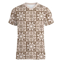 Beige Palaka Quilt Hawaii Women V-Neck T-Shirt Hawaiian Tropical Monstera Sea Turtle