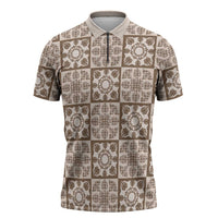Beige Palaka Quilt Hawaii Zipper Polo Shirt Hawaiian Tropical Monstera Sea Turtle
