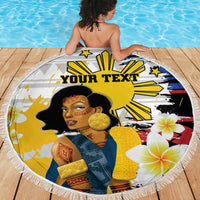 Personalised Philippines Women's Day Beach Blanket Filipino Golden Sun With Polynesian Pattern